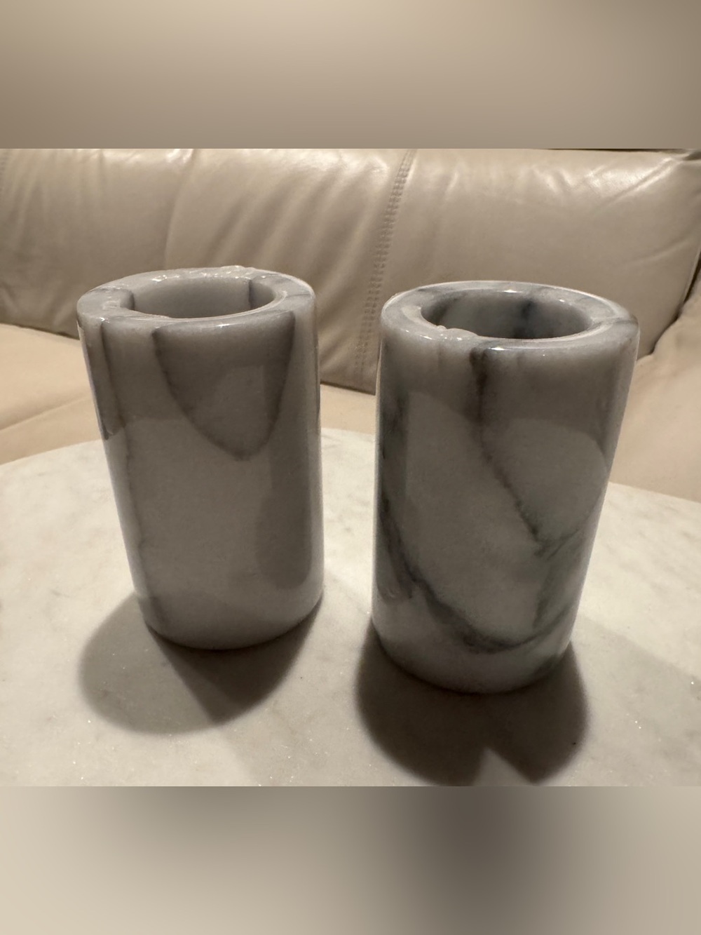 Knobler Taiwan Vintage White & Gray Marble Pillar Candle Holder Cylinder Shaped